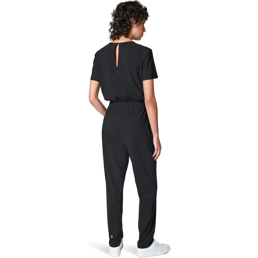 NWT's Sweaty Betty L71809 Womens Black Explorer Short Sleeve Jumpsuit 29” Sz L U
